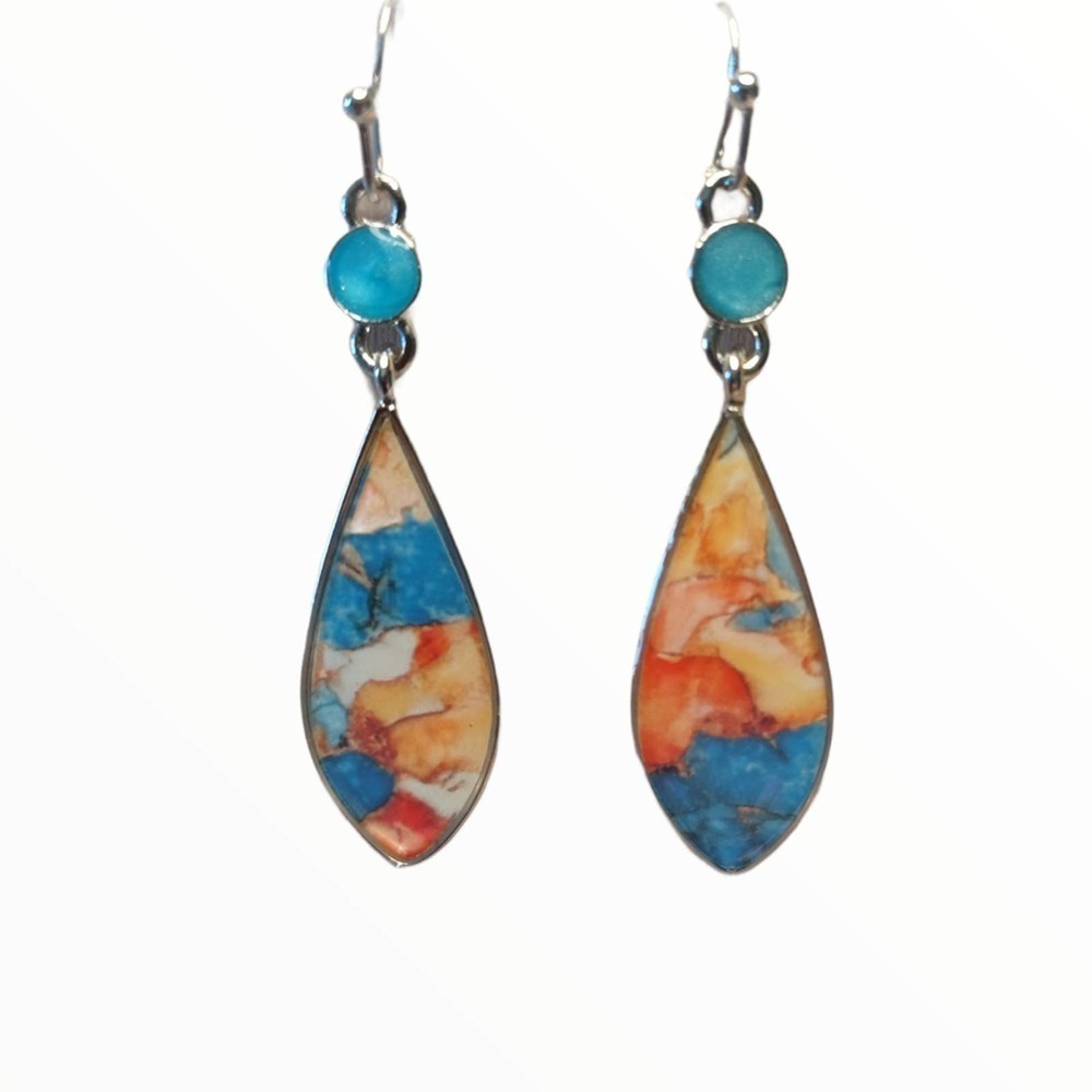 NEW HAND PAINTED SILVER DANGLE DROP EARRINGS BLUE ORANGE GLASS EARRINGS DANGLE - Picture 2 of 5